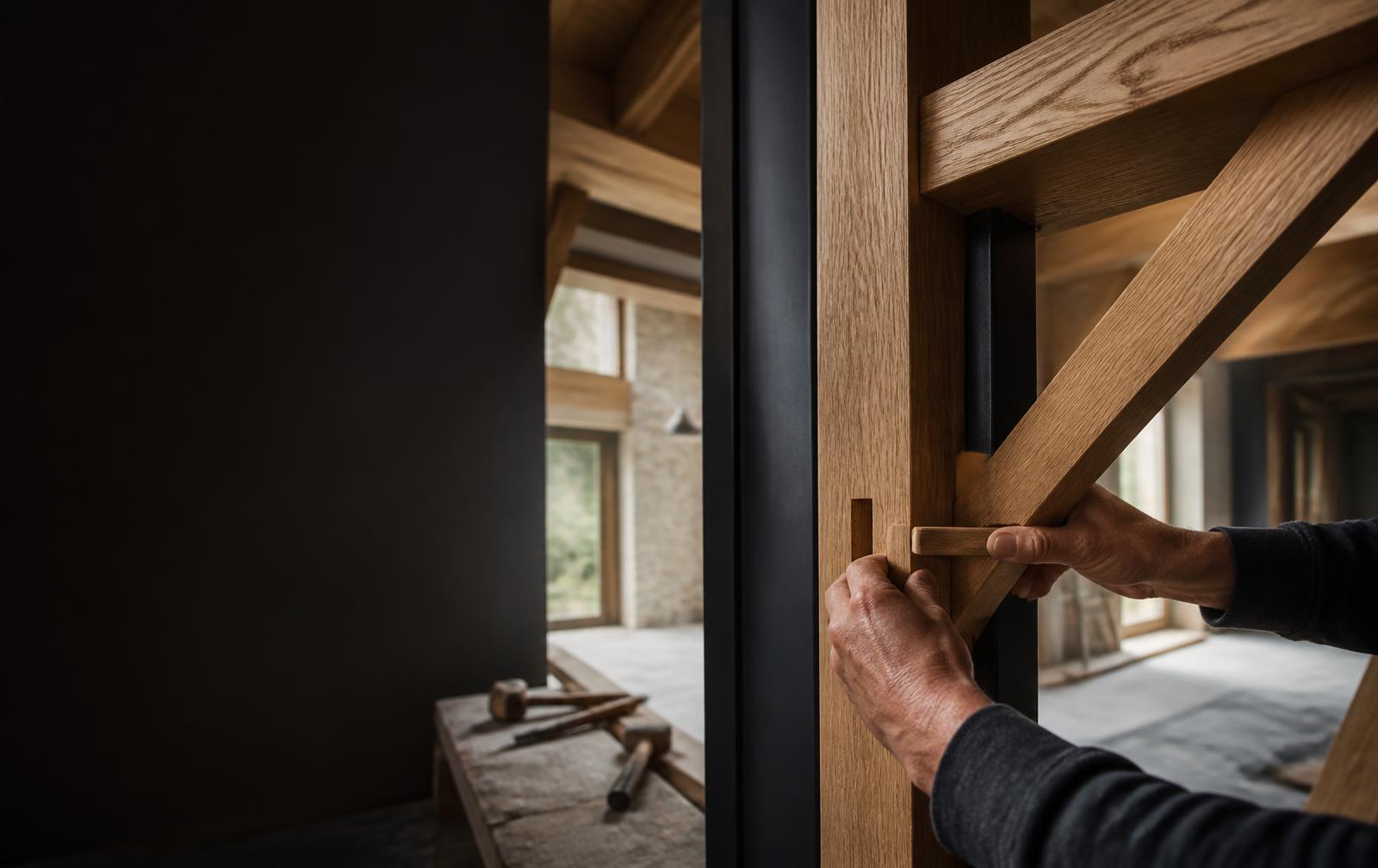 Craftsperson precisely fitting oak joinery beside a charcoal steel frame